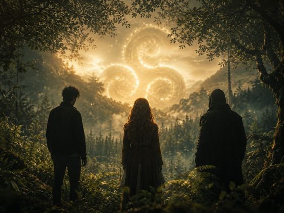 Tres figuras ante un trisquel de luz en el cielo