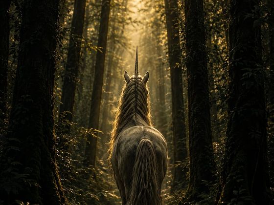 Un unicornio en un bosque atravesado por la luz